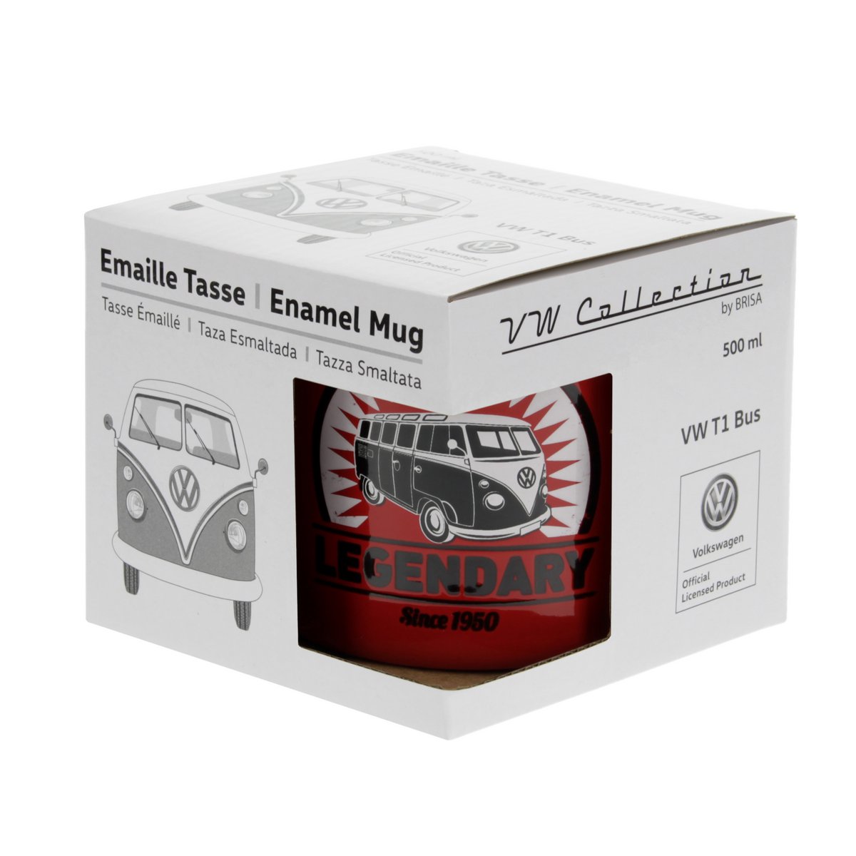 Volkswagen VW T1 Bus Emaille-Tasse, 500 ml, in Geschenkbox – Vintage/Rot