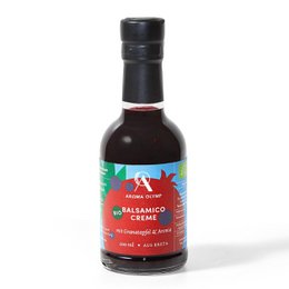 Organic balsamic cream with pomegranate and aronia berries, 200 ml glass bottle and 500 ml plastic bottle available. The product is a vinegar.