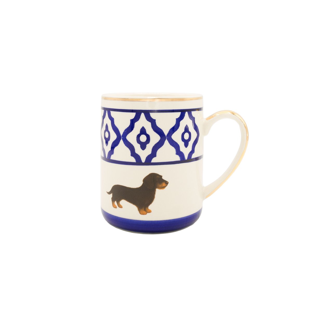 Kaffeetasse/Coffee-Mug Modell Dackel aus Keramik, handbemalt mit Dackelmotiv, Goldrand und gold belegtem Griff 250 ml. Tasseninhalt in den Farben rot, grün und blau erhältlich