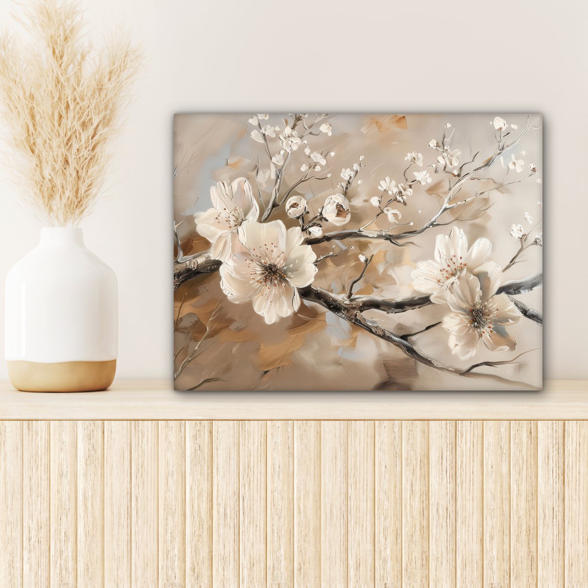 Canvas schilderij  - Wanddecoratie Bloemen - Natuur - Wit - Bloesem - Abstract - Muurdecoratie woonkamer - Slaapkamer decoratie - Kamer accessoires - Schilderijen op canvas