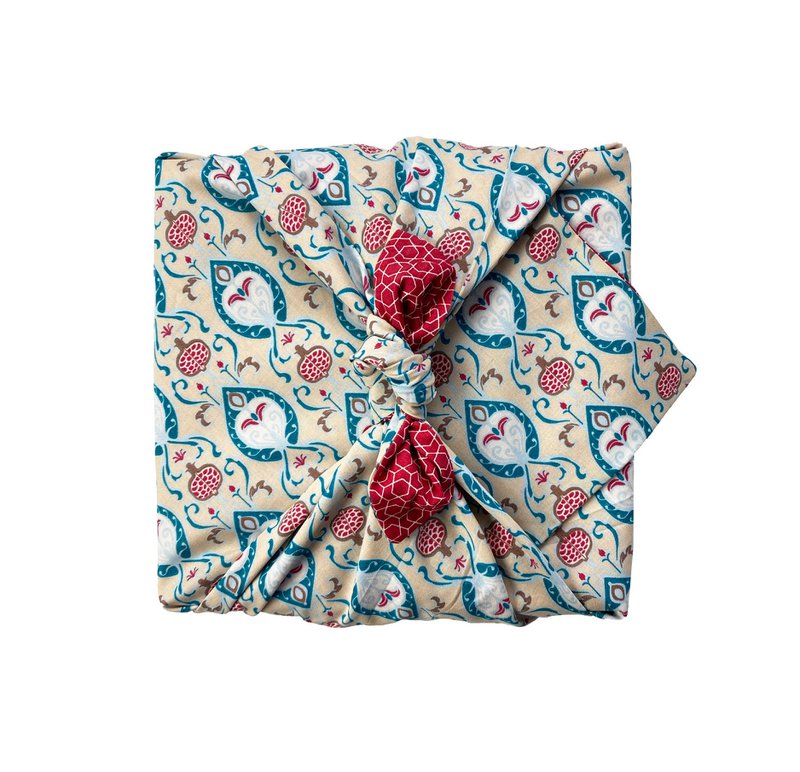Envoltura de regalo Furoshiki - Paquete de 6 piezas de color verde azulado y cereza - Envoltura de regalo de tela