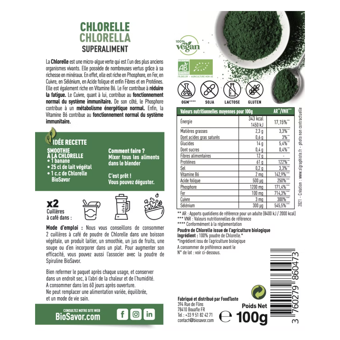 CHLORELLE POUDRE - 100G - COMPLÉMENT ALIMENTAIRE