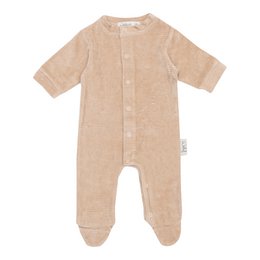  Soft, cozy velvet rib playsuit in a warm taupe color, perfect for baby's comfort and style.