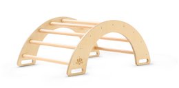 Wooden Pikler triangle with swing and climbing arch, suitable for educational play.