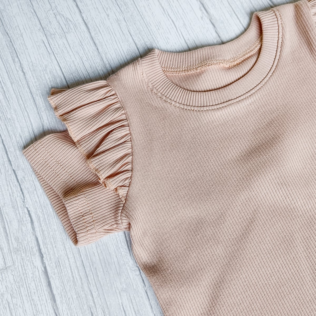 T-Shirt Volants Jersey Côtelé Rose Nude