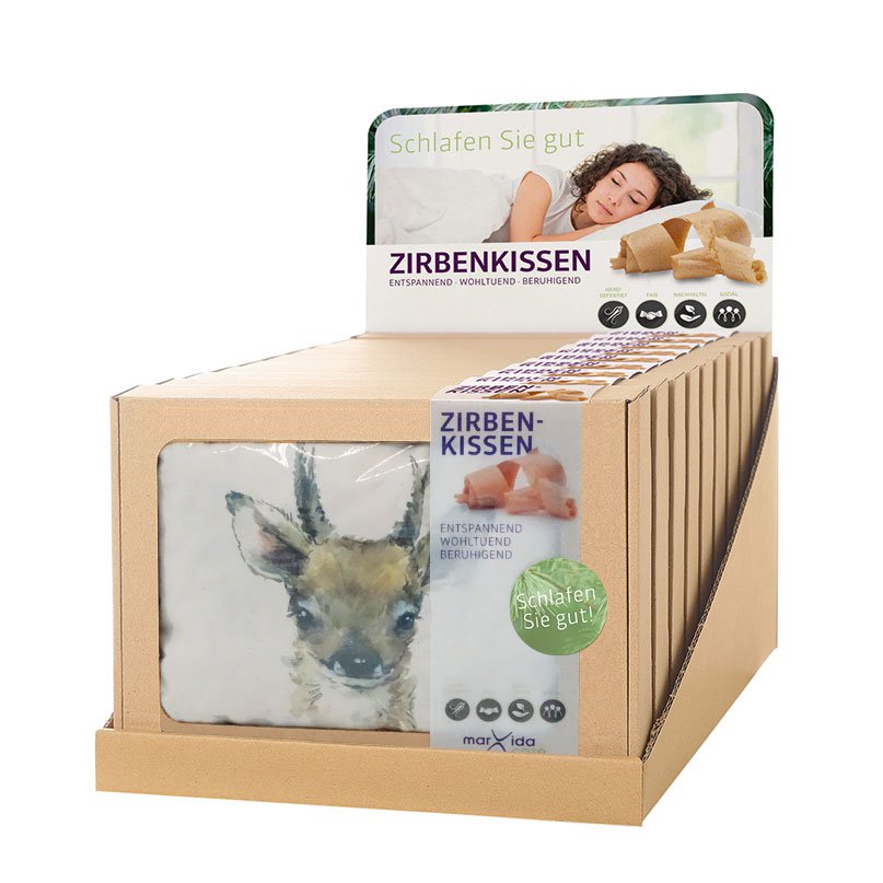 10 grenen kussens display: egel, vos, hert & Co. | 100% grenen | Natuurcadeauset | Kalmerend natuurlijk kussen met bosdiermotieven