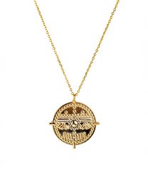 A round gold-toned pendant necklace with intricate filigree detailing.