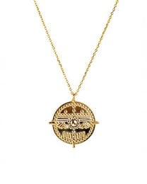 A round gold-toned pendant necklace with intricate filigree detailing.
