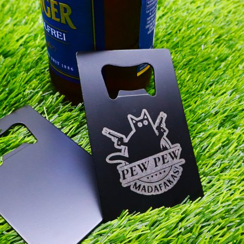 Black Pew Pew Madafakas Stainless Steel Bottle Opener, Fun Crazy Cat Utensil