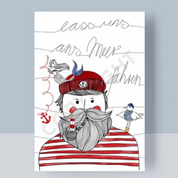 Postcard with a whimsical illustration of a sailor character, featuring a red hat, striped shirt, and nautical elements like an anchor. The text on the postcard reads "Let's go to the sea".