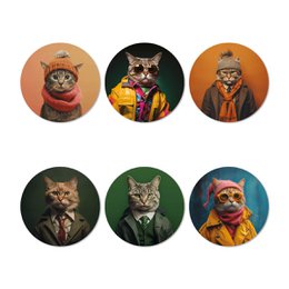  Set of 6 coasters featuring funny cat portraits in various outfits and accessories. Includes cats wearing hats, scarves, and other accessories.