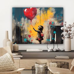 Canvas schilderij  - Wanddecoratie Meisje - Ballon - Hart - Graffiti - Muurdecoratie woonkamer - Slaapkamer decoratie - Kamer accessoires - Schilderijen op canvas