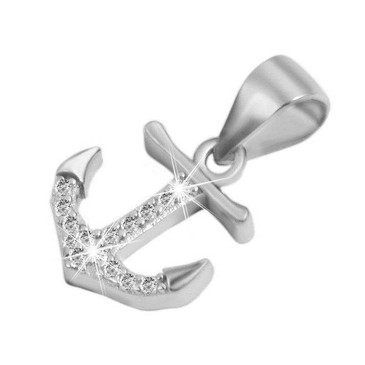 925/- Echt zilveren hanger zonder ketting "Narges", anker met zirkonia-versiering, 925/gerhodineerd