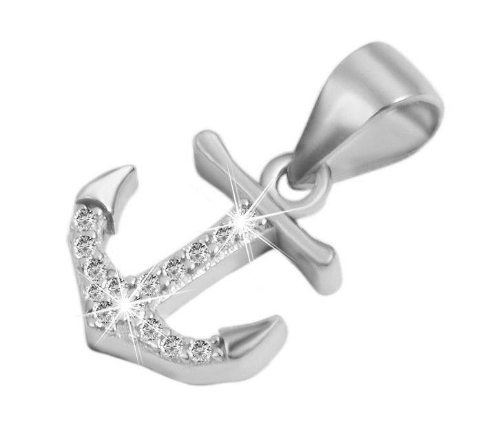 925/- Echt zilveren hanger zonder ketting "Narges", anker met zirkonia-versiering, 925/gerhodineerd