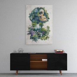 Plexiglass image featuring a surreal, nature-inspired design with a large eye surrounded by colorful foliage and flowers. Suitable for home decor or wall art.