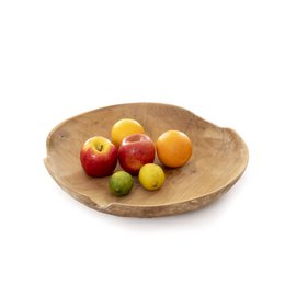 Unique-shaped wooden fruit bowl in a warm, earthy tone. Handcrafted with an organic, natural appearance. Suitable for displaying or serving fresh produce.