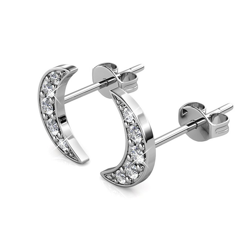 Crescent Moon Earrings - Silver and Crystal