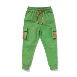 Green cargo jogger pants for kids, featuring a whale melon print and text "One in a melon" on the front. Available in sizes 9-12 months to 5-6 years.