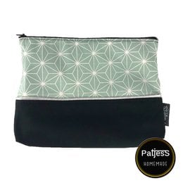 A set of 3 toiletry and cosmetic bags in a geometric star pattern, available in gray, pastel green, and beige colors. The bags feature a black accent panel and measure 21x17cm.