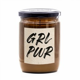 Scented candle with a powerful, feminine fragrance. Features a round, tall shape and a label with the text "GRL PWR" in bold black lettering.