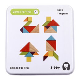 Colorful geometric tangram puzzle game, wooden pieces, educational toy, brain teaser shapes.