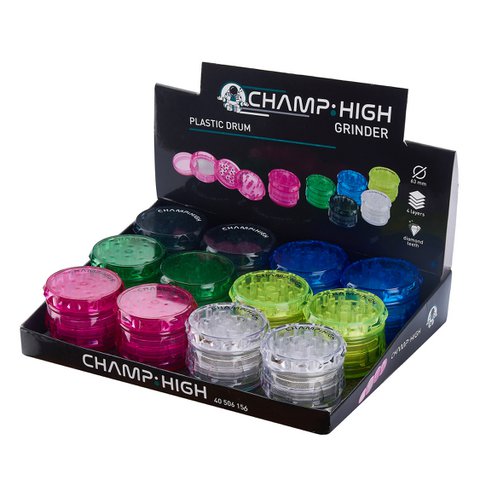 Display of 12 transparent plastic spice mills - Pink, White, Yellow, Green, Black and Blue