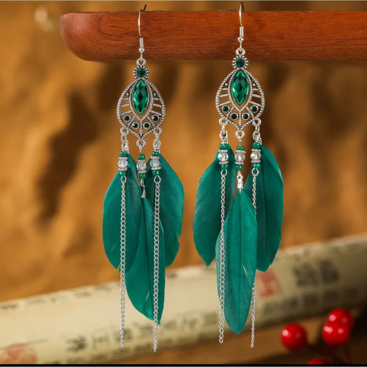 Pendientes BOHO con plumas (verde)