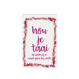 A gift tag with a floral border and the text "now is good" in red lettering, conveying a positive and inspirational message.