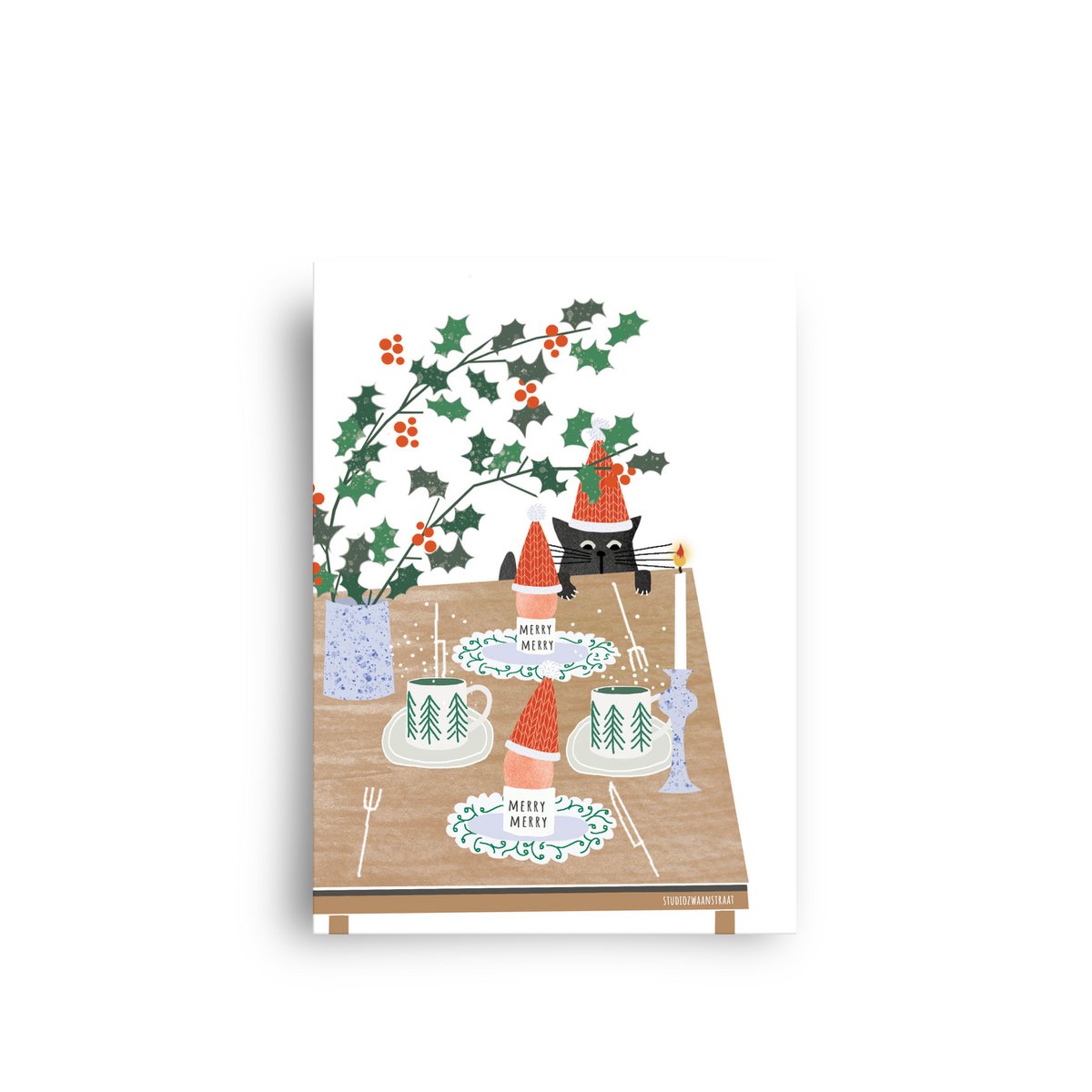 Postkarte 'Weihnachtsfrühstück (mit Katze)'