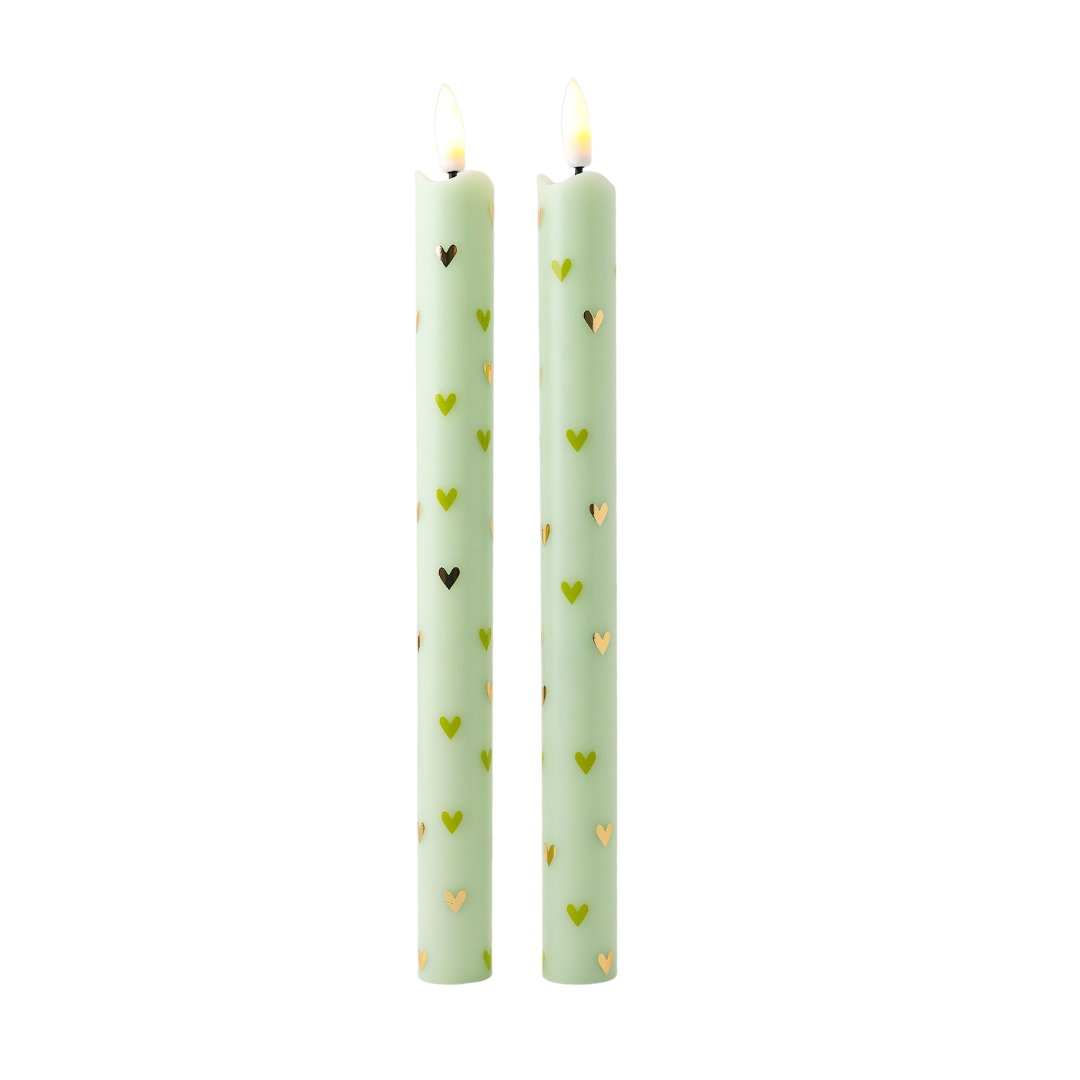LED Candle Pillar Hearts Green - Set of 2