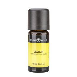 Lemon essential oil in a 10ml bottle. Bright yellow color, citrus aroma, suitable for aromatherapy and diffusing.