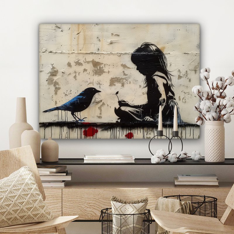 Canvas schilderij - Wanddecoratie Meisje - Street art - Vogel - Abstract - Graffiti - Modern - Muurdecoratie woonkamer - Kamer decoratie modern - Abstracte schilderijen