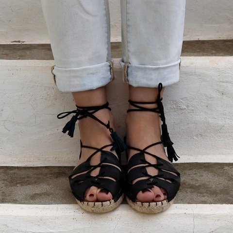 Gladiator Espadrilles - Zwart leer - Klassieke zool