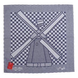 A gray and white checkered tea towel with a windmill design. The towel features a simple, graphic representation of a windmill with crossed blades against a checkered background.