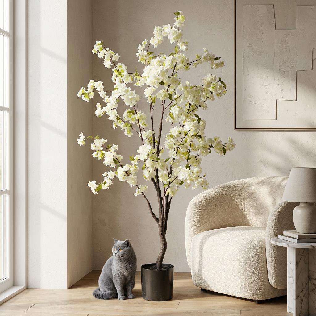 Artificial plant - Prunus - Cherry blossom - White - 135cm