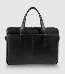Black leather laptop bag with adjustable shoulder strap and multiple compartments for storage.