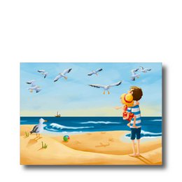 Beach scene postcard with child, seagulls, ocean, sand, blue sky illustration