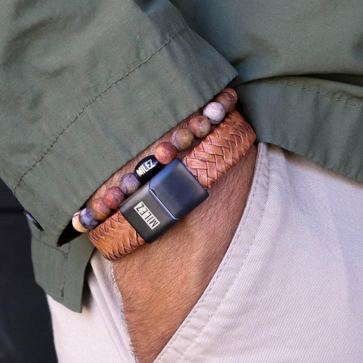 Heren armbanden Set 'Cognac Charm' - zwarte sluiting