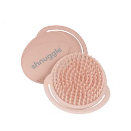 A pink bath brush with soft bristles, designed for gentle cleansing and exfoliation during baby's bath time.