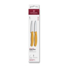 Two-piece yellow-handled paring knives, 8cm long, ideal for chopping and slicing tasks in the kitchen.