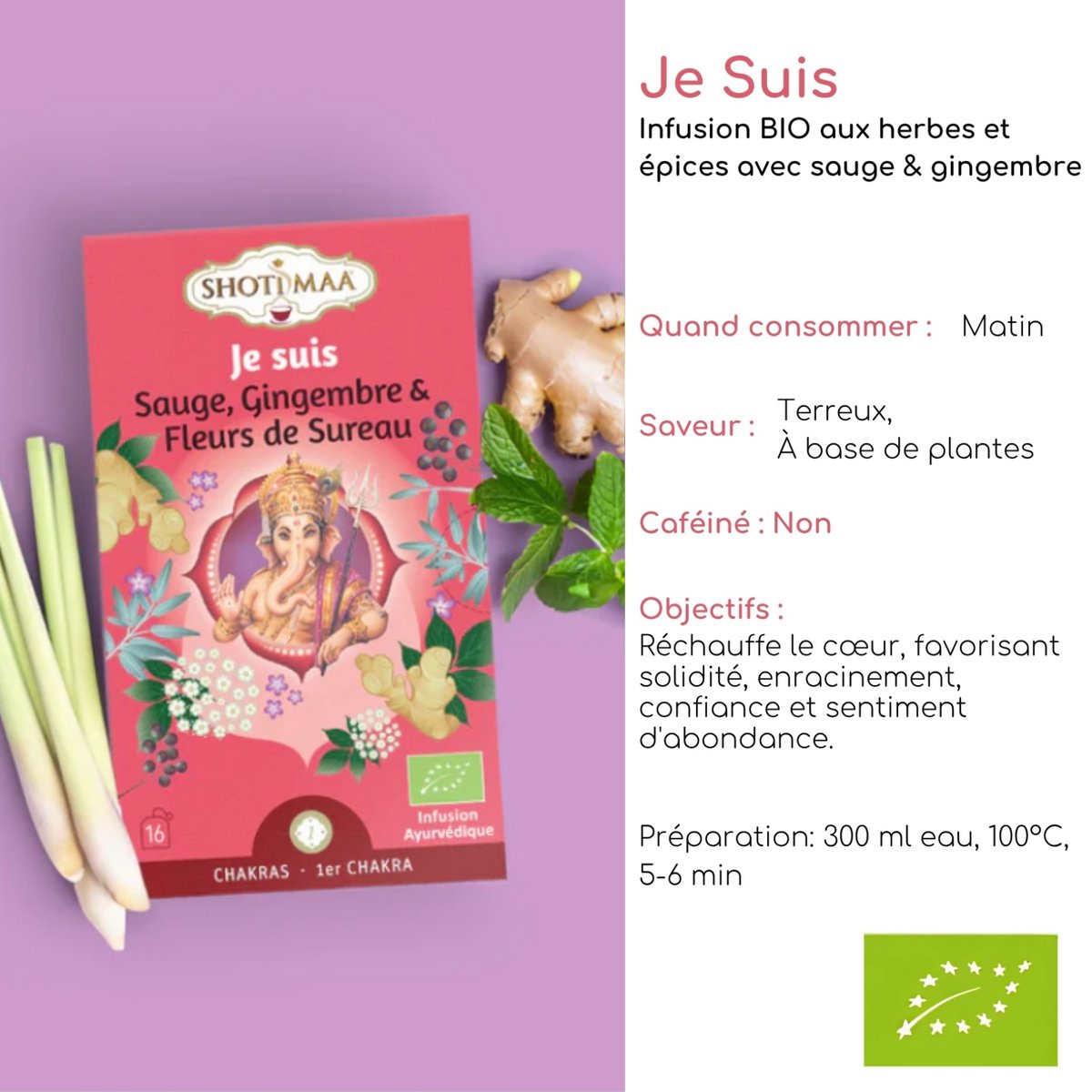 Biologische kruidenthee Je Suis Chakra-assortiment - Natuurlijke energie voor balans en welzijn - Moment van ontspanning en stabiliteit - Biologische ochtendthee