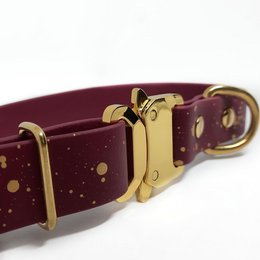 A splash-proof dog collar in a variety of colors including red, forest, navy, white, black, chocolate, cognac, olive, and grey. The collar features a durable design with metal hardware for secure fit.