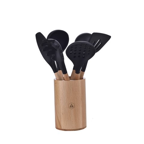 LAGUIOLE Küchenhelfer, 5-teilig: Schaumlöffel, Schöpfkelle, Pfannenwender, Bratpinsel, Spaghettilöffel, Braten, Soße, antihaftbeschichtet, Schwarz – Silikon – helles Holz