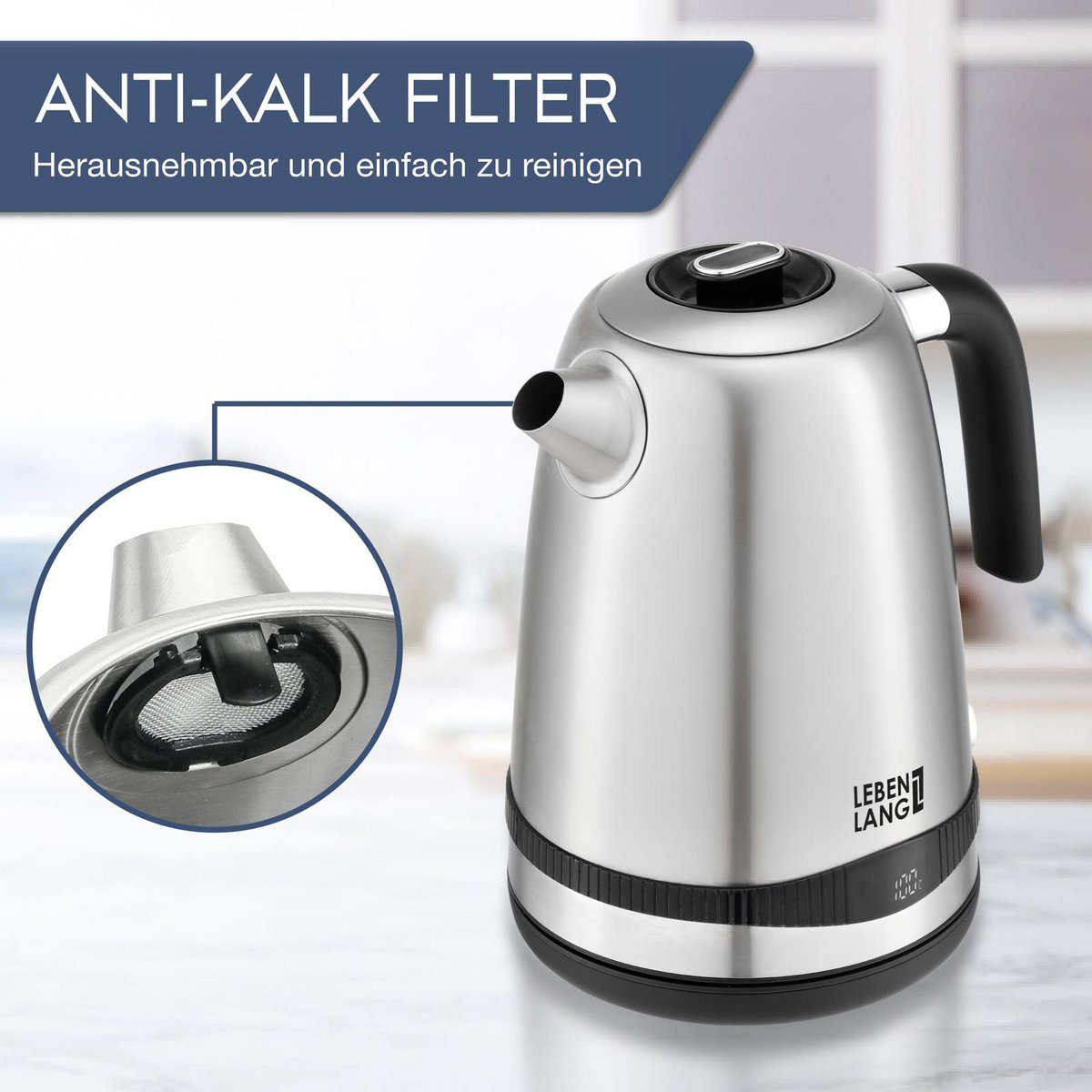 LIFETIME kedel rustfrit stål temperaturindstilling - støjsvag, temperaturvisning & hold varm funktion - 1,7 liter & 2200W | Elkedler | Temperaturkedel i rustfrit stål retro uden plast
