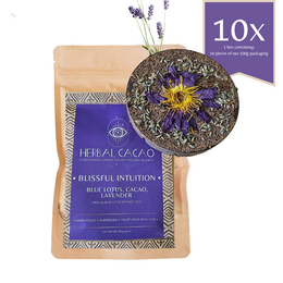 Blissful Intuition (10 pieces) - Cacao product with lavender-infused cacao nibs and dried lavender flowers. The product has a rich, dark chocolate color and a floral, aromatic scent.