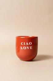 Red ceramic mug with "CIAO LOVE" text printed on it.