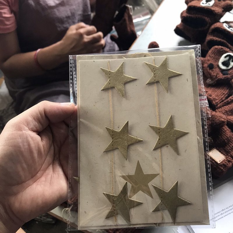 Set biglietti d'auguri Luna-Leena + ghirlanda stelle oro - verticale - L115 cm - oro - carta ecologica - fatto a mano in Nepal
