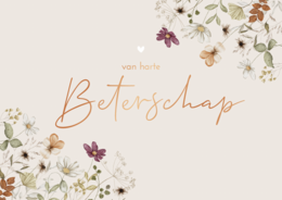 Floral get well soon postcard with the text "Beterschap" in cursive script, surrounded by delicate white and purple flowers.