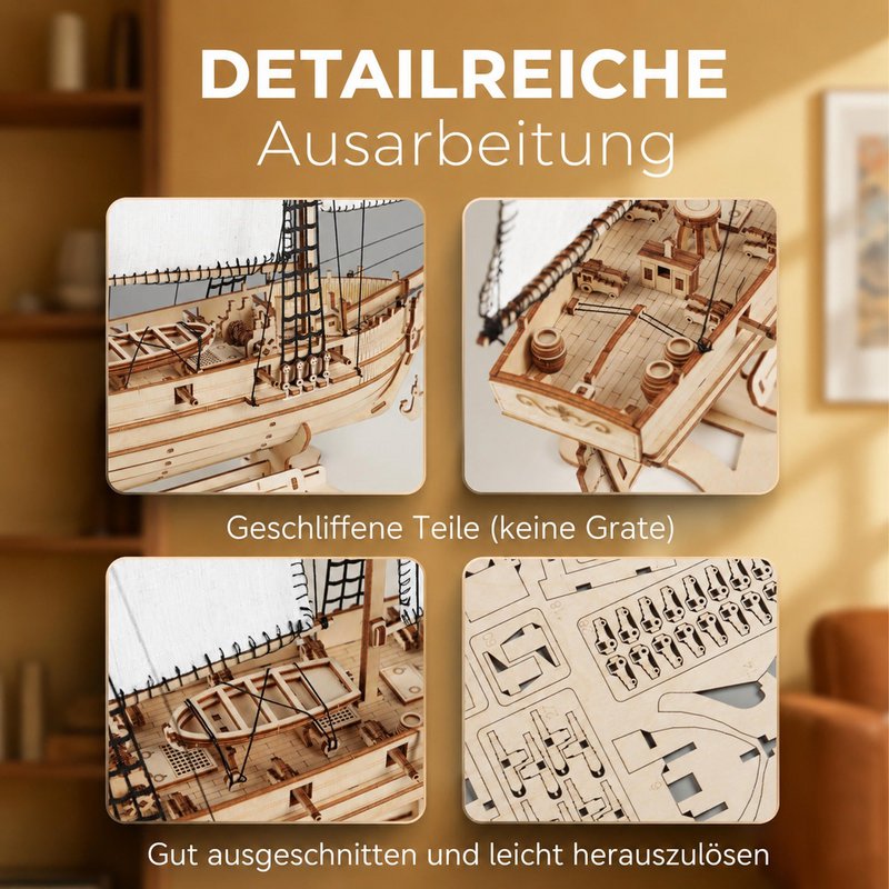 Schoner aus Holz zum Bauen Pilger – 3D-Holzpuzzle 292 Teile, Schiffsmodell mit Segeln und Takelage, Modellbausatz ab 12 Jahren