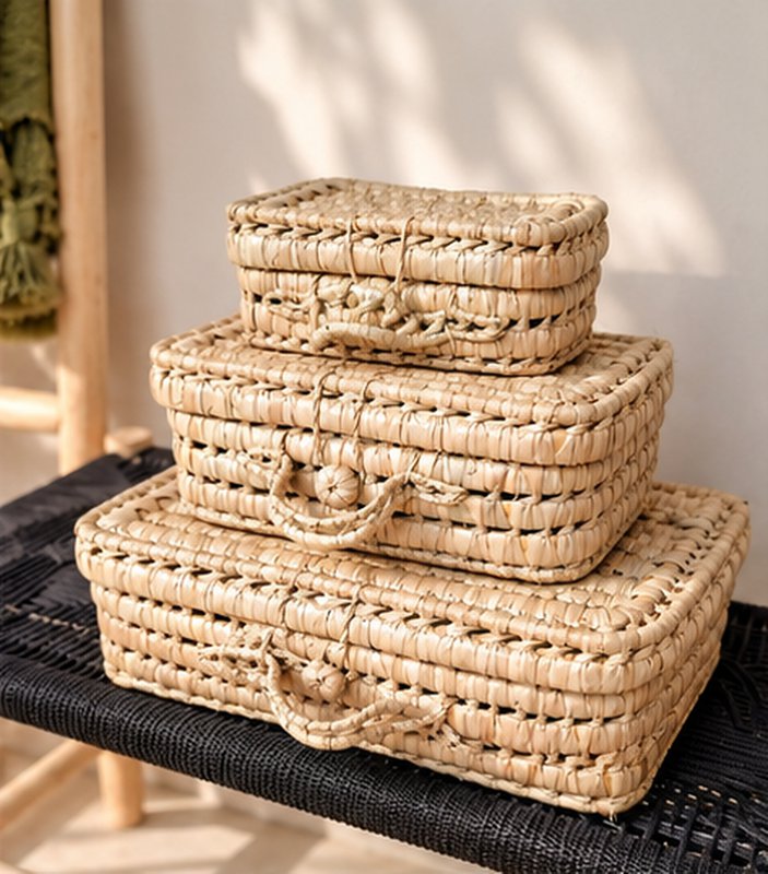 Handmade Wicker Suitcase, Palm Leaf Briefcase, Vintage Natural Fiber Basket for Children